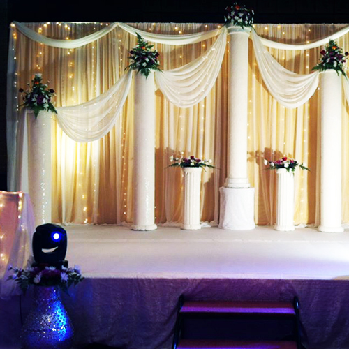White Flower with Golden cloths Elegant wedding stage decoration by KoshaUAE abu dhabi